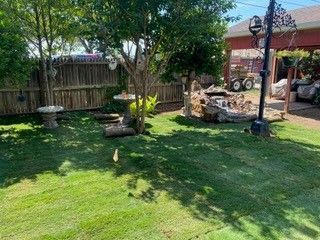 A sunny backyard features freshly laid sod, a wooden fence, two bird baths, large trees, and a decorative rock fountain.