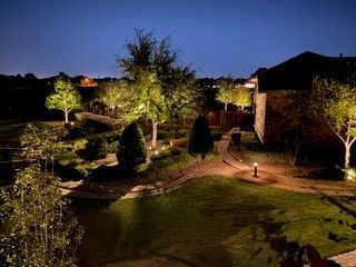 A landscaped backyard at night with illuminated trees, garden paths, and a house exterior under a dark blue sky.