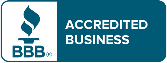 BBB Accredited Business logo with a teal background, white text, and a white torch icon.