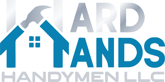 Logo for "Hard Hands Handymen LLC" features a blue house shape with a gray hammer, blue text on white.