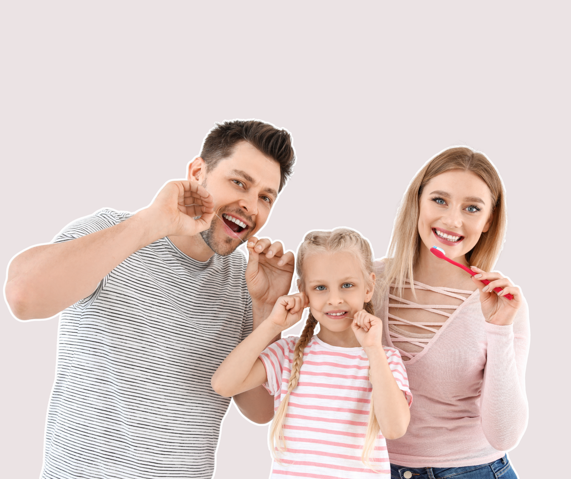 Family smiling, flossing teeth and brushing, light background.