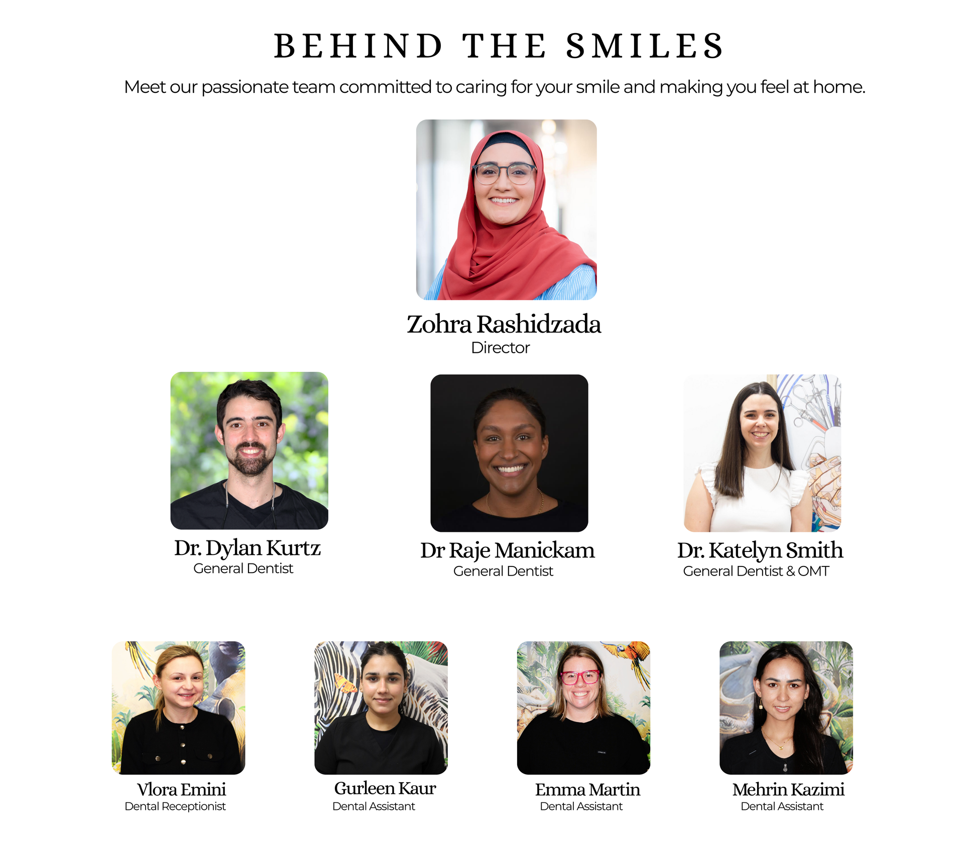 Team photo: smiling dental staff with names and titles.