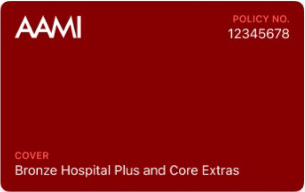 A red aami card that says bronze hospital plus and core extras