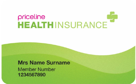 A green and white priceline health insurance card