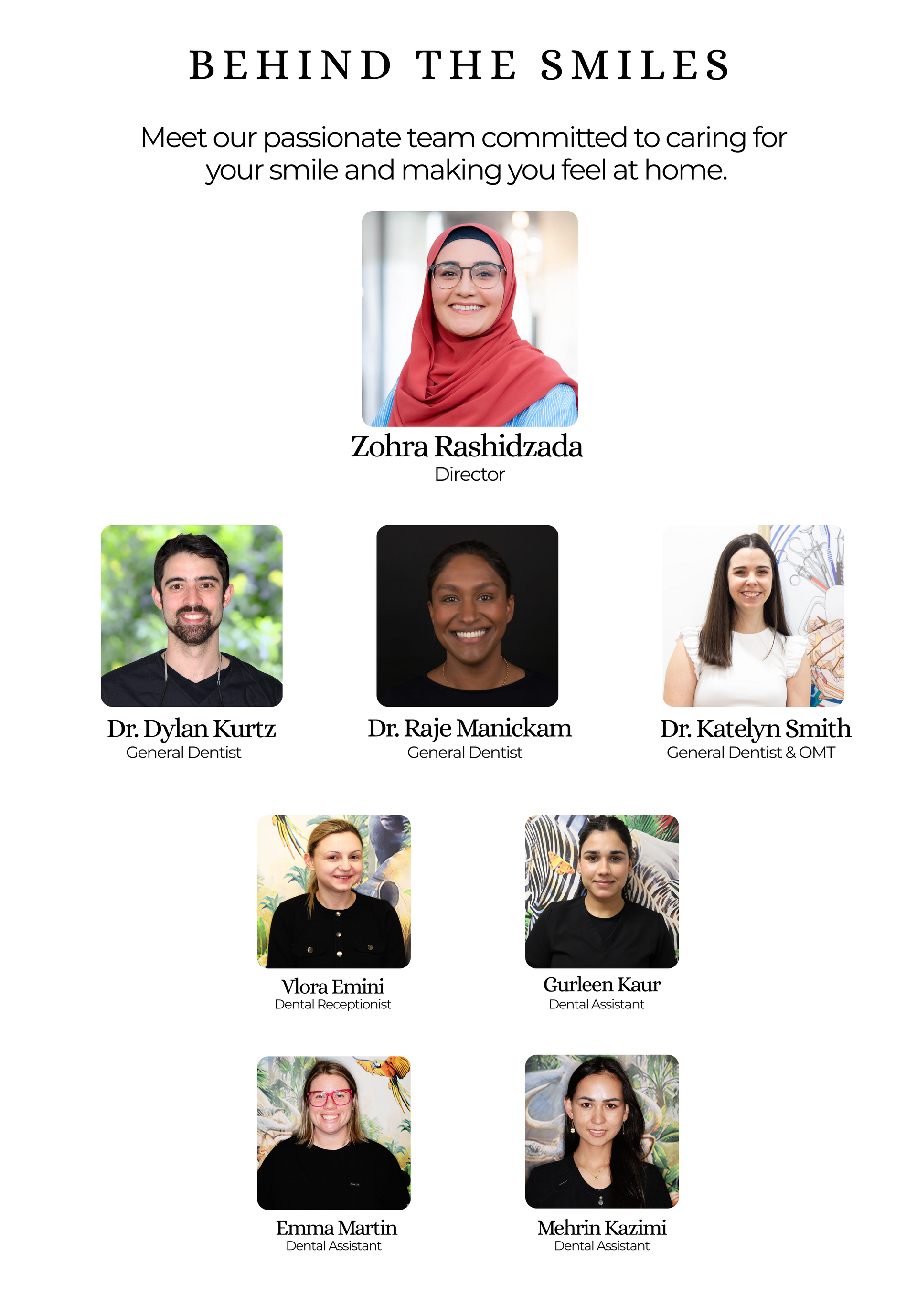 Staff members of a dental office with accompanying headshots and titles.