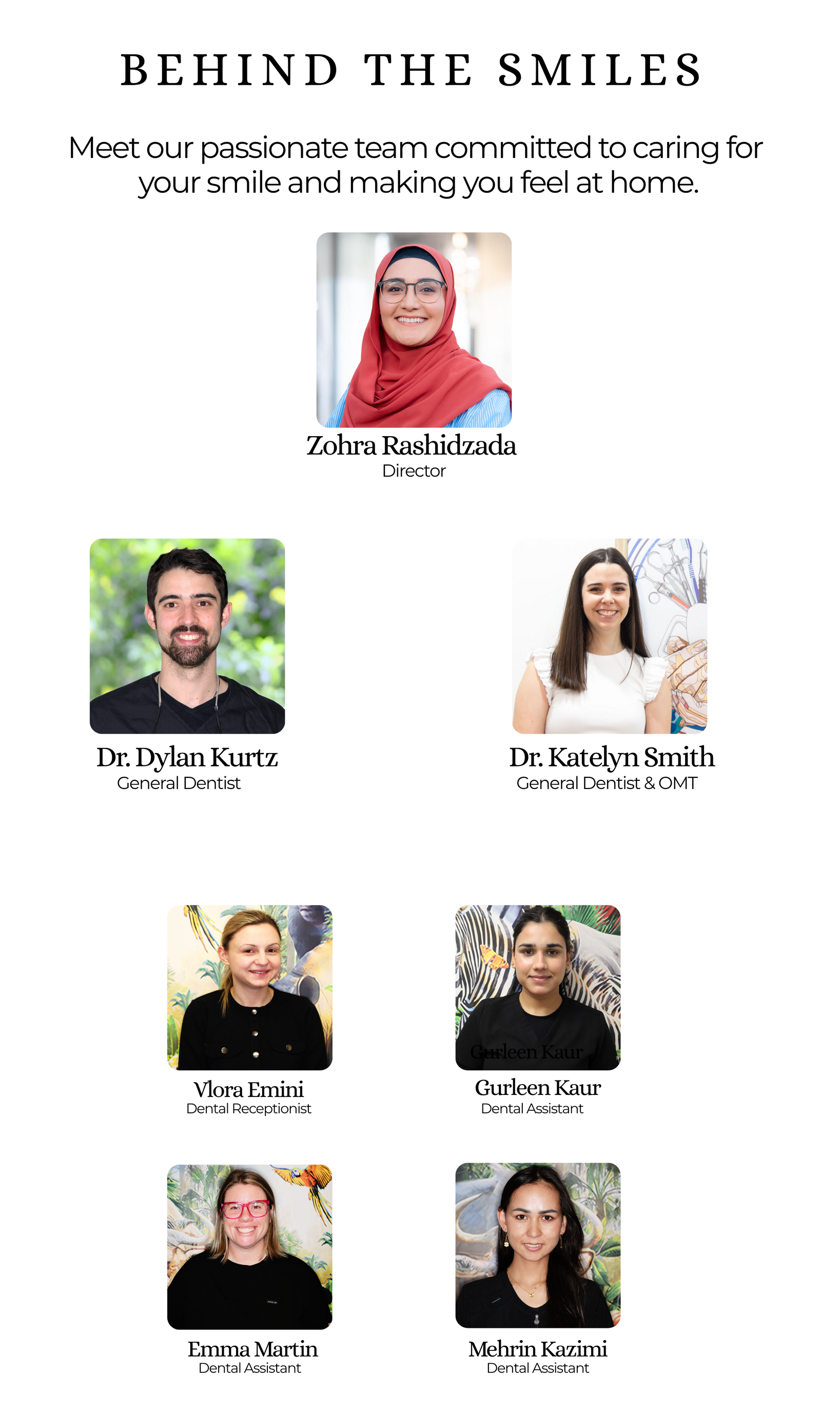 Staff members of a dental office with accompanying headshots and titles.