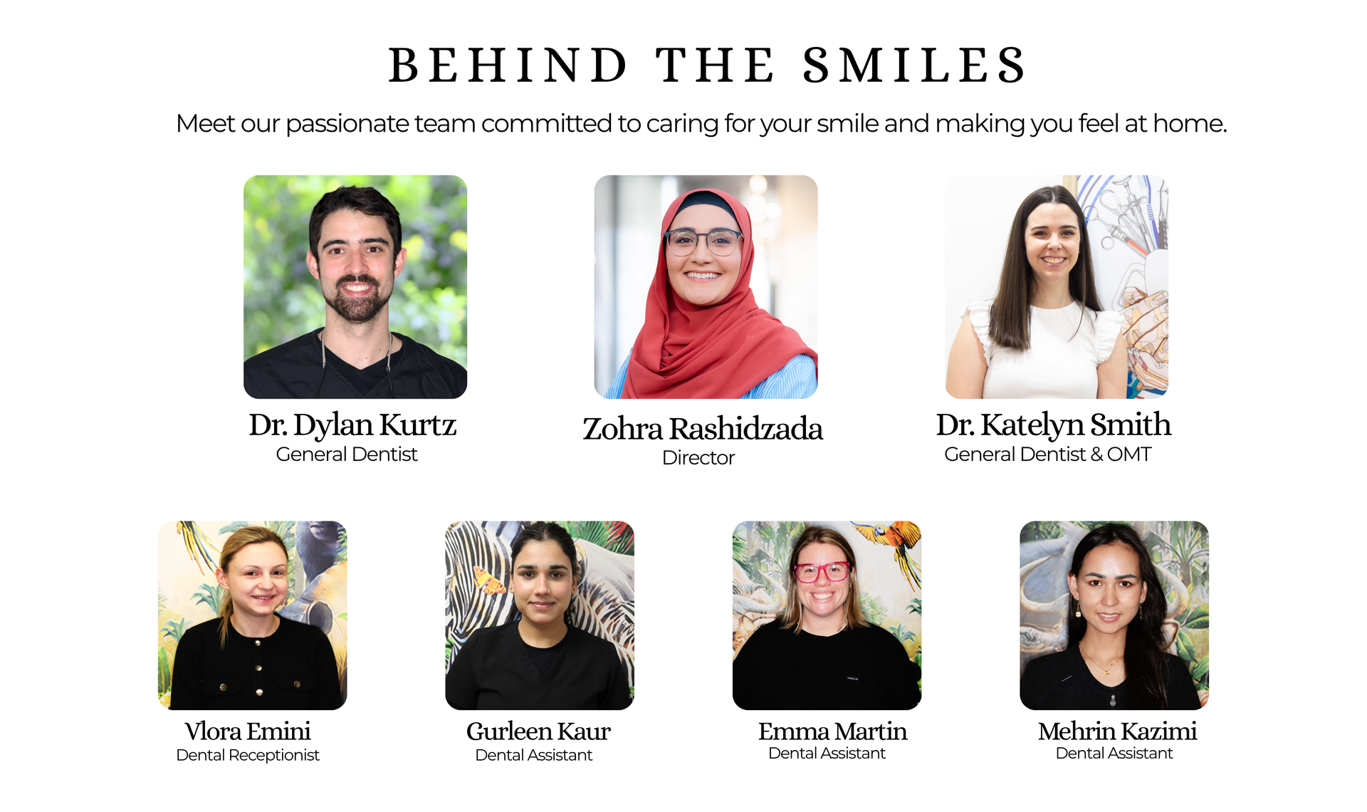 Team photo: smiling dental staff with names and titles.