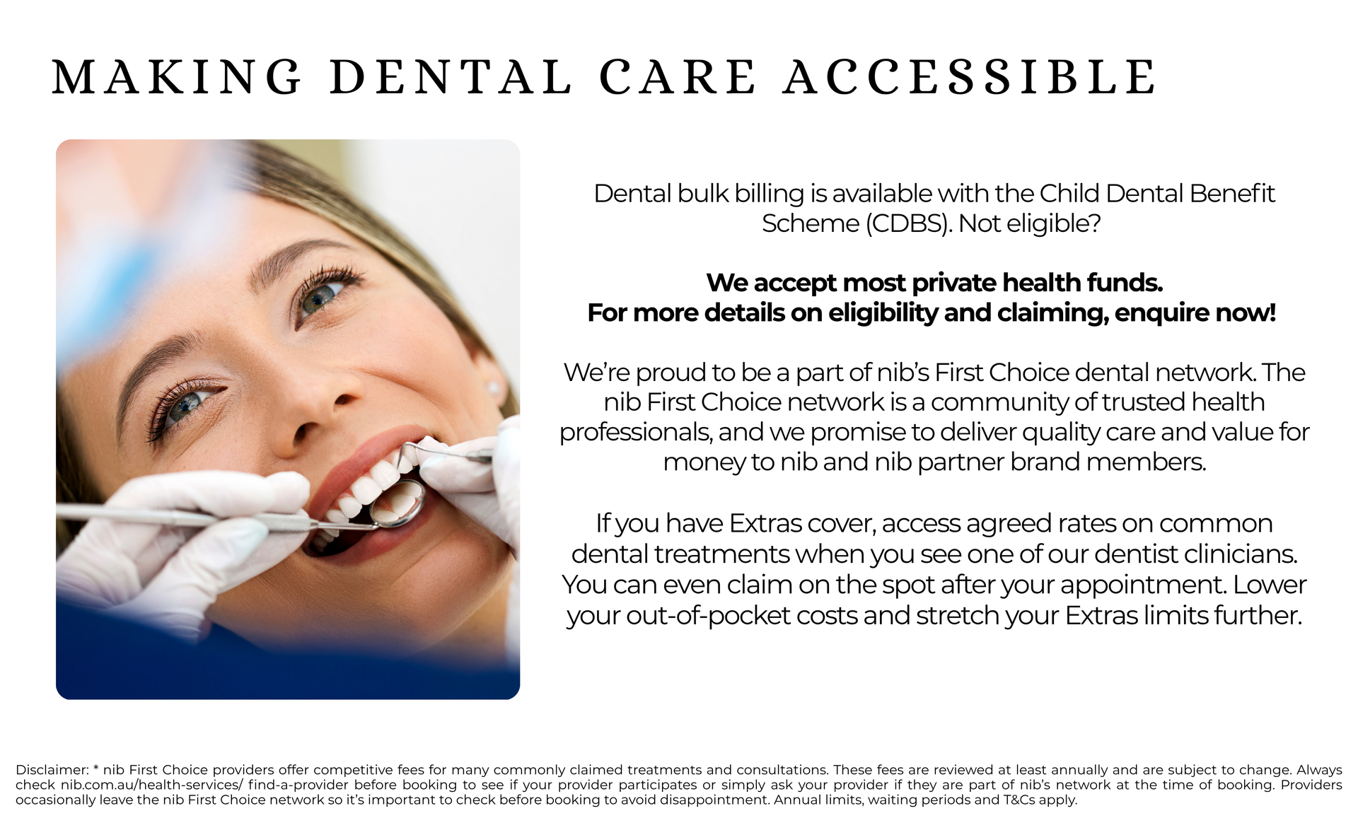 Woman receiving dental exam; advertisement promoting accessible dental care services.