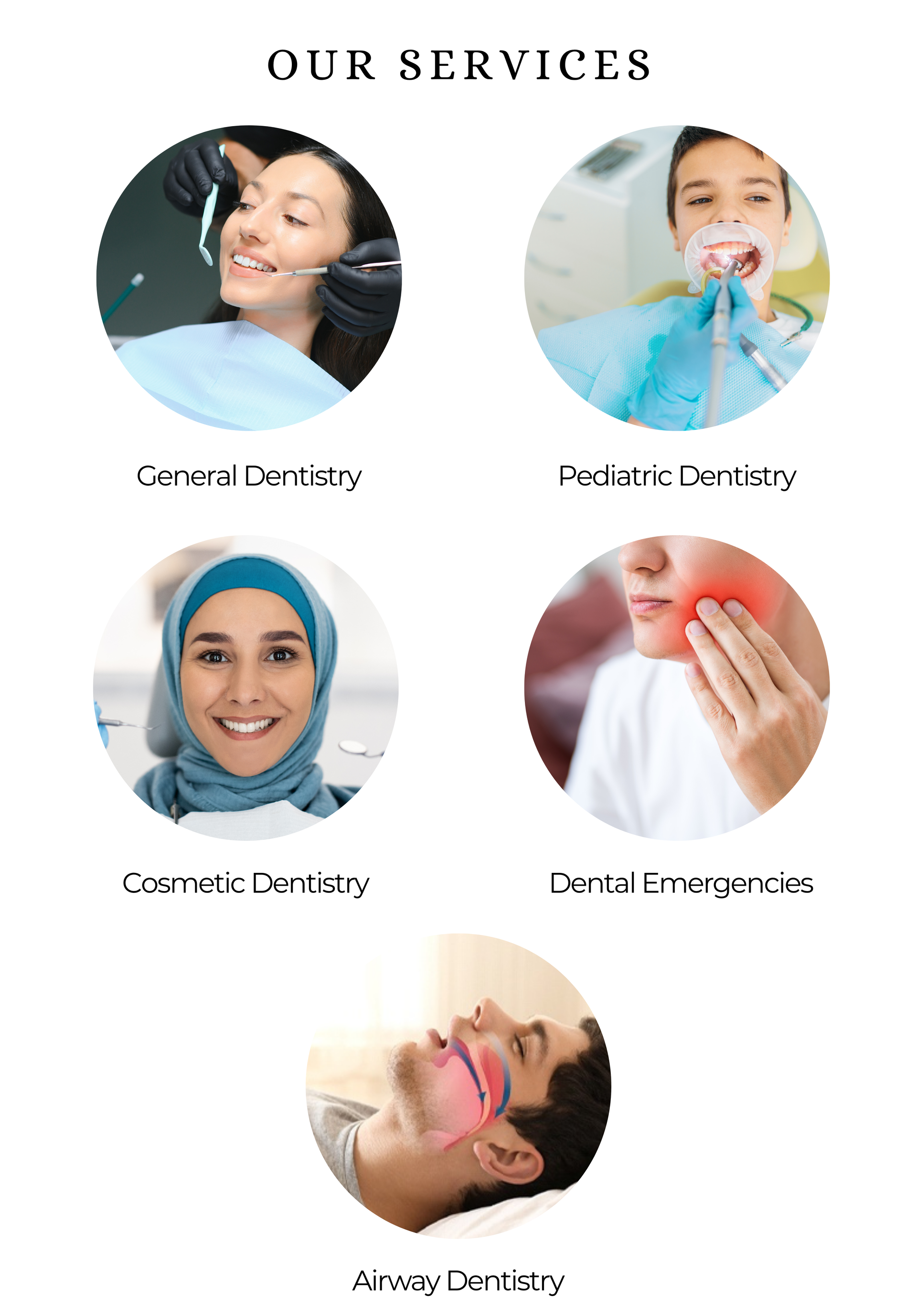 Dental service categories with photos: general, pediatric, cosmetic, emergencies, and airway dentistry.