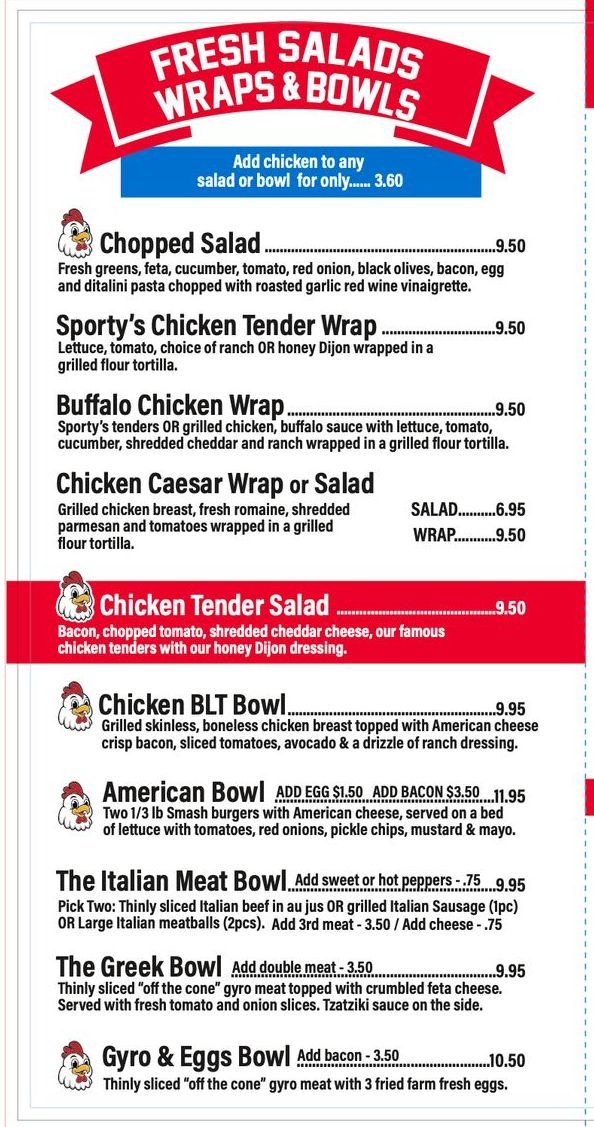 A menu for a restaurant that says fresh salads and wraps