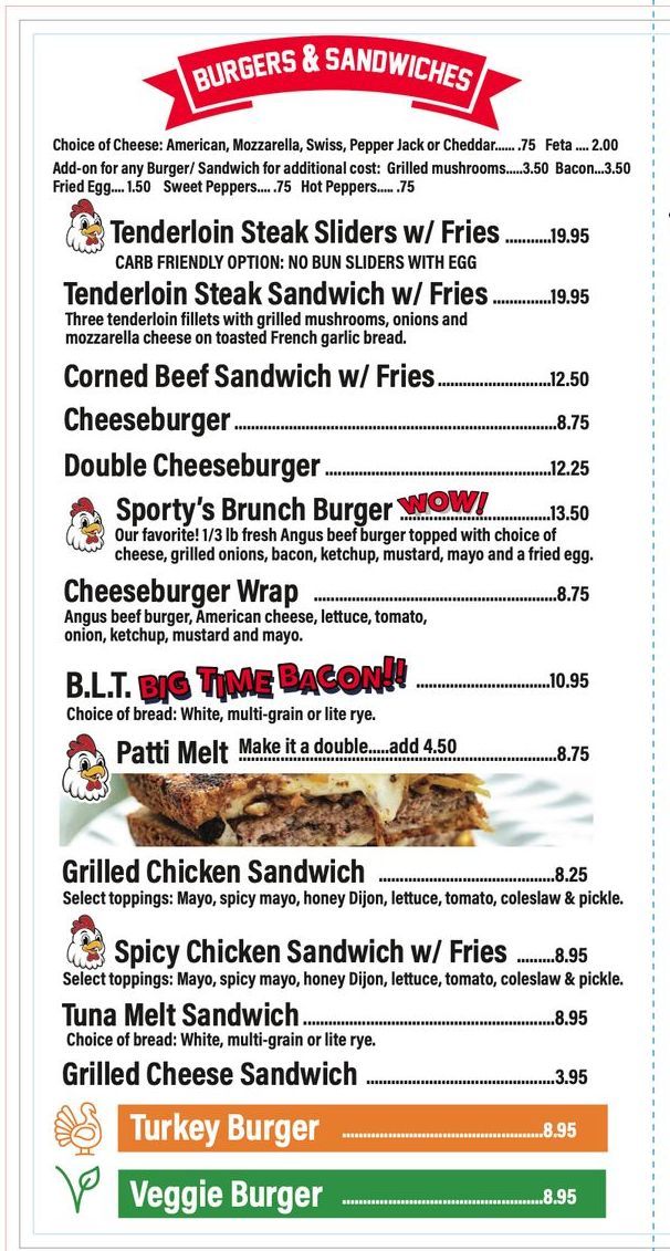 A menu for burgers and sandwiches at a restaurant.