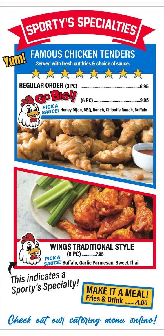 A menu for a restaurant called sporty 's specialties.