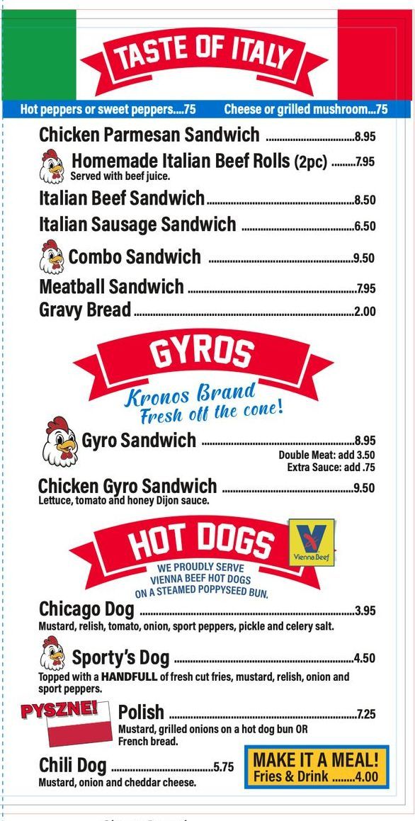 A menu for a restaurant called taste of italy with hot dogs on it.