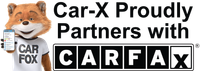 Car-X fox mascot holds a phone, promoting Car-X partnership with Carfax.