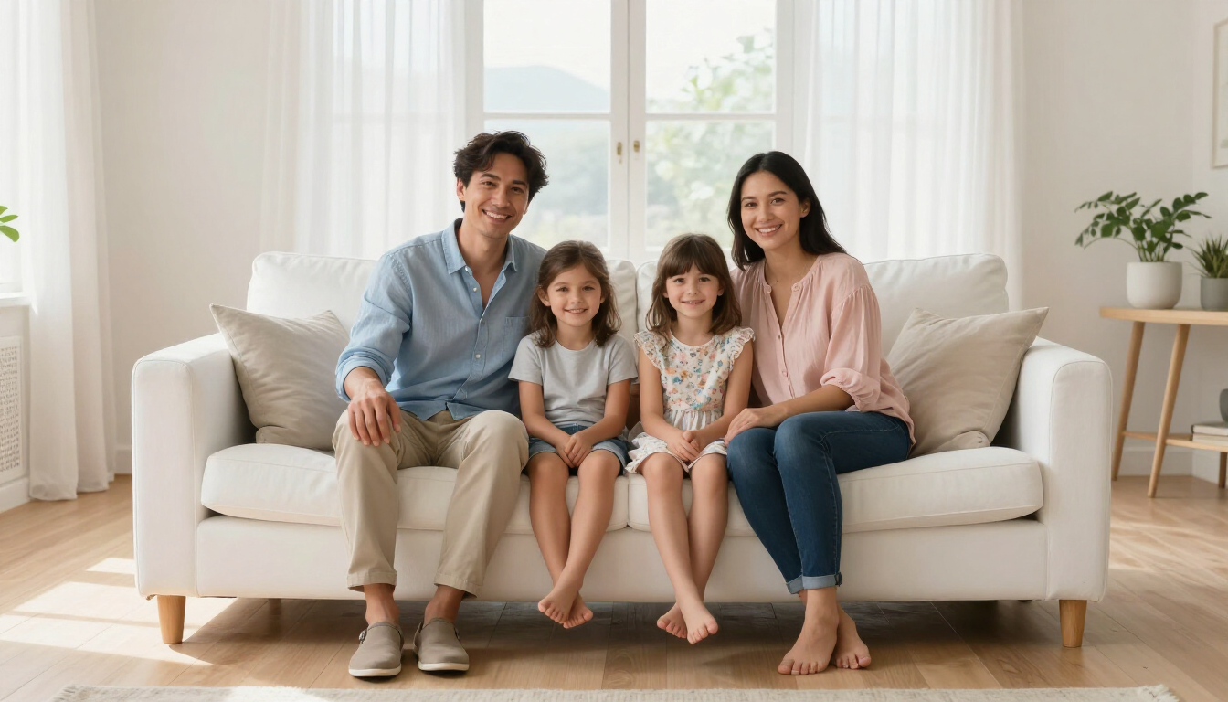 Familia disfrutando de un sofá limpio