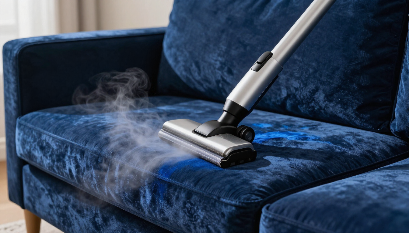 Máquina de vapor profesional limpiando sofá