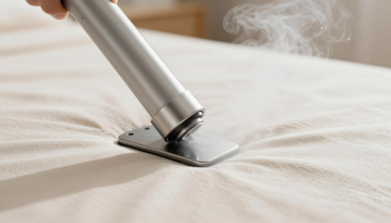 Primer plano de boquilla de vapor desinfectando colchón