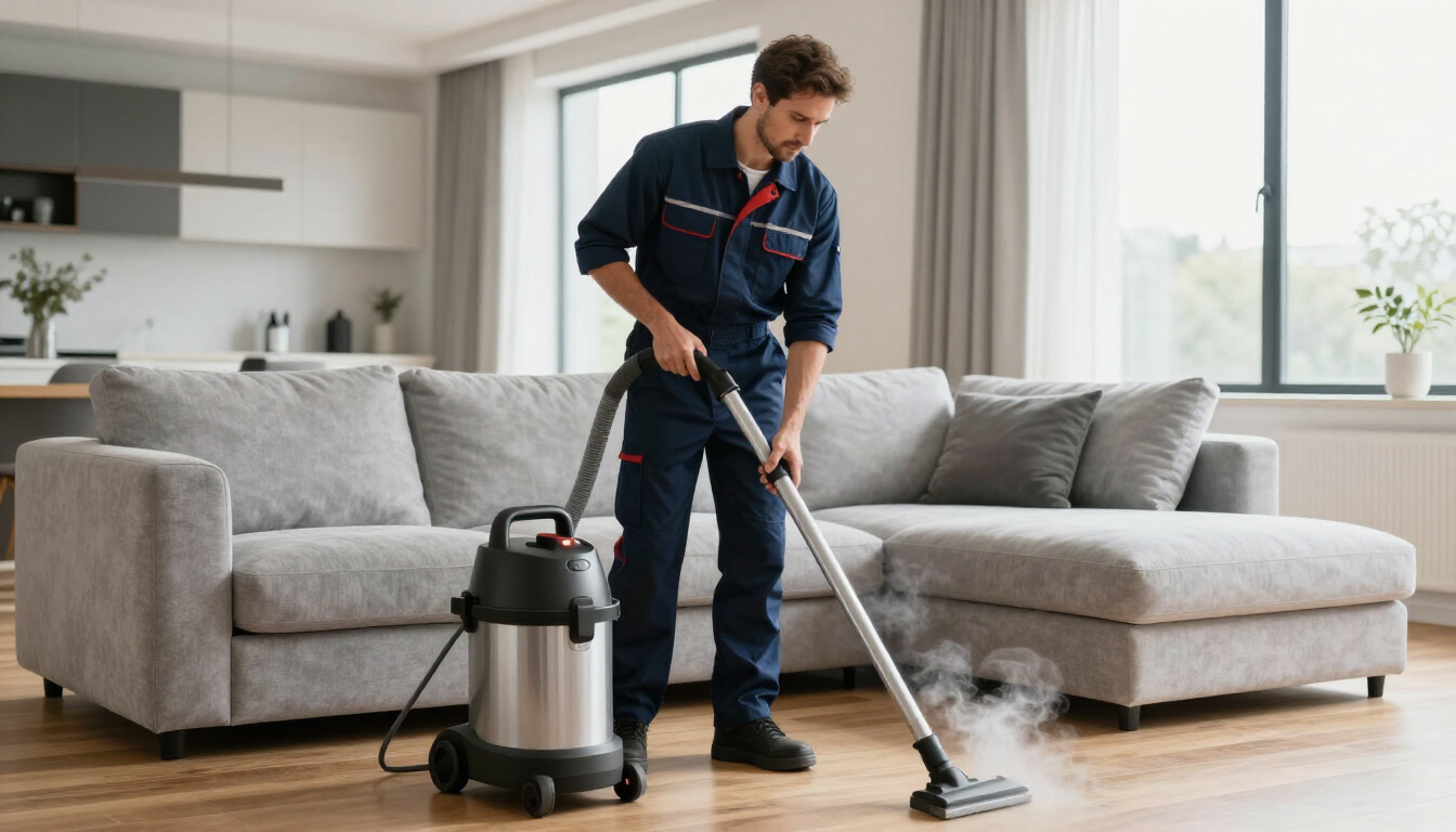 Técnico limpiando sofá con vapor