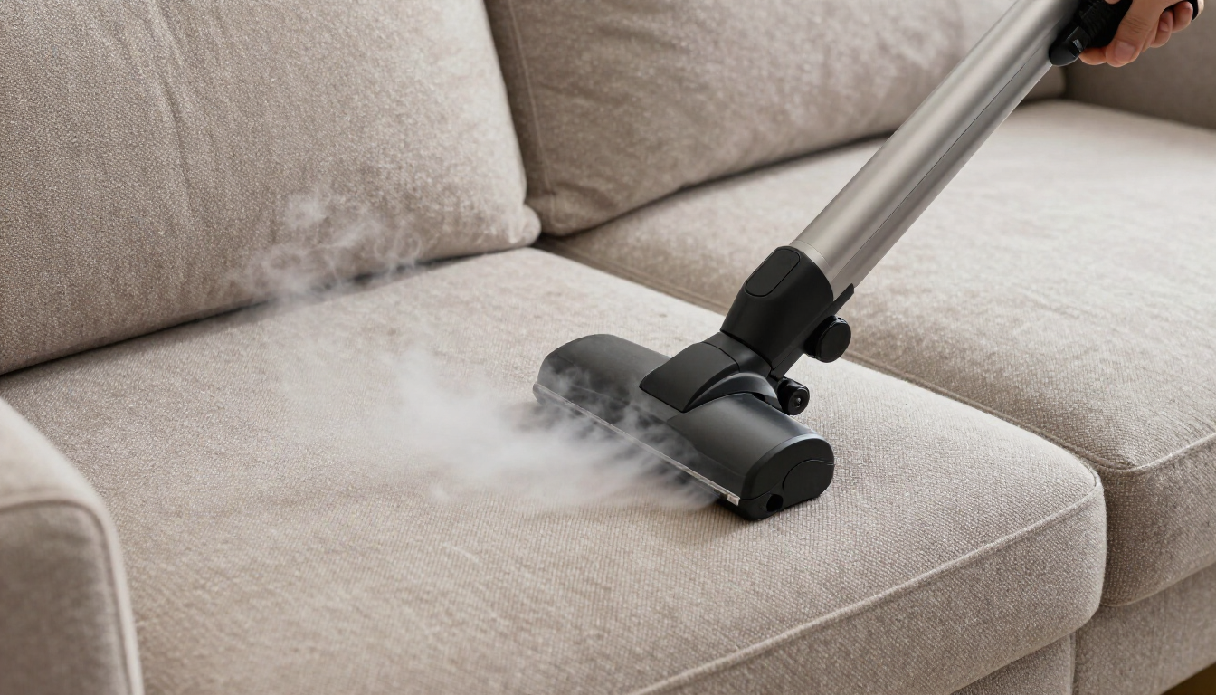 Máquina profesional de limpieza a vapor desinfectando un sofá a alta temperatura
