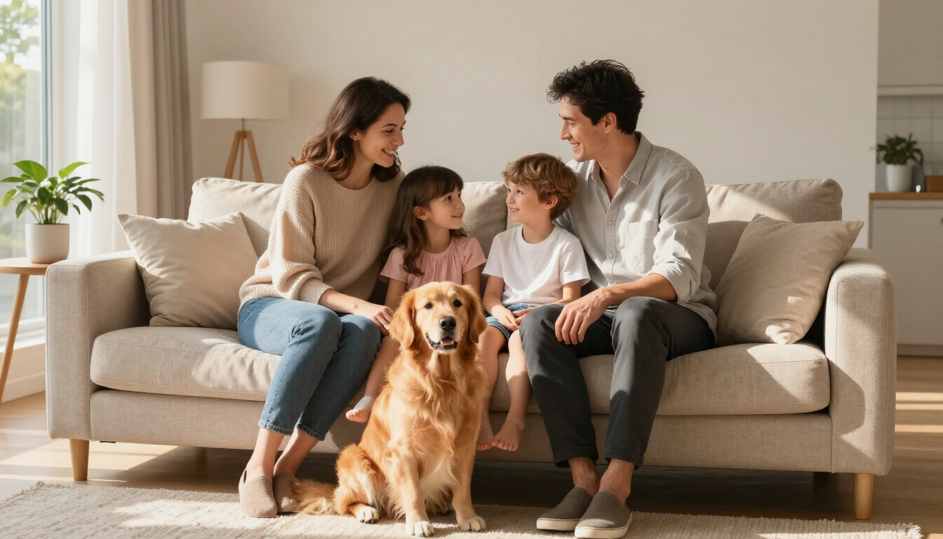 Familia disfrutando de su sofá limpio