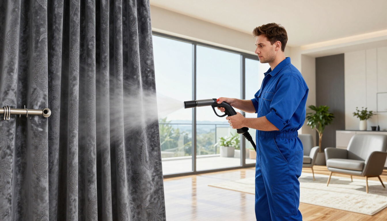 Limpiador profesional usando vapor en cortinas