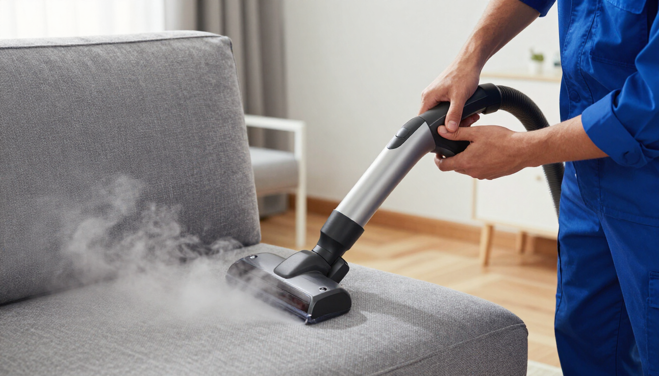 Limpieza profesional de sofá a vapor en un salón moderno
