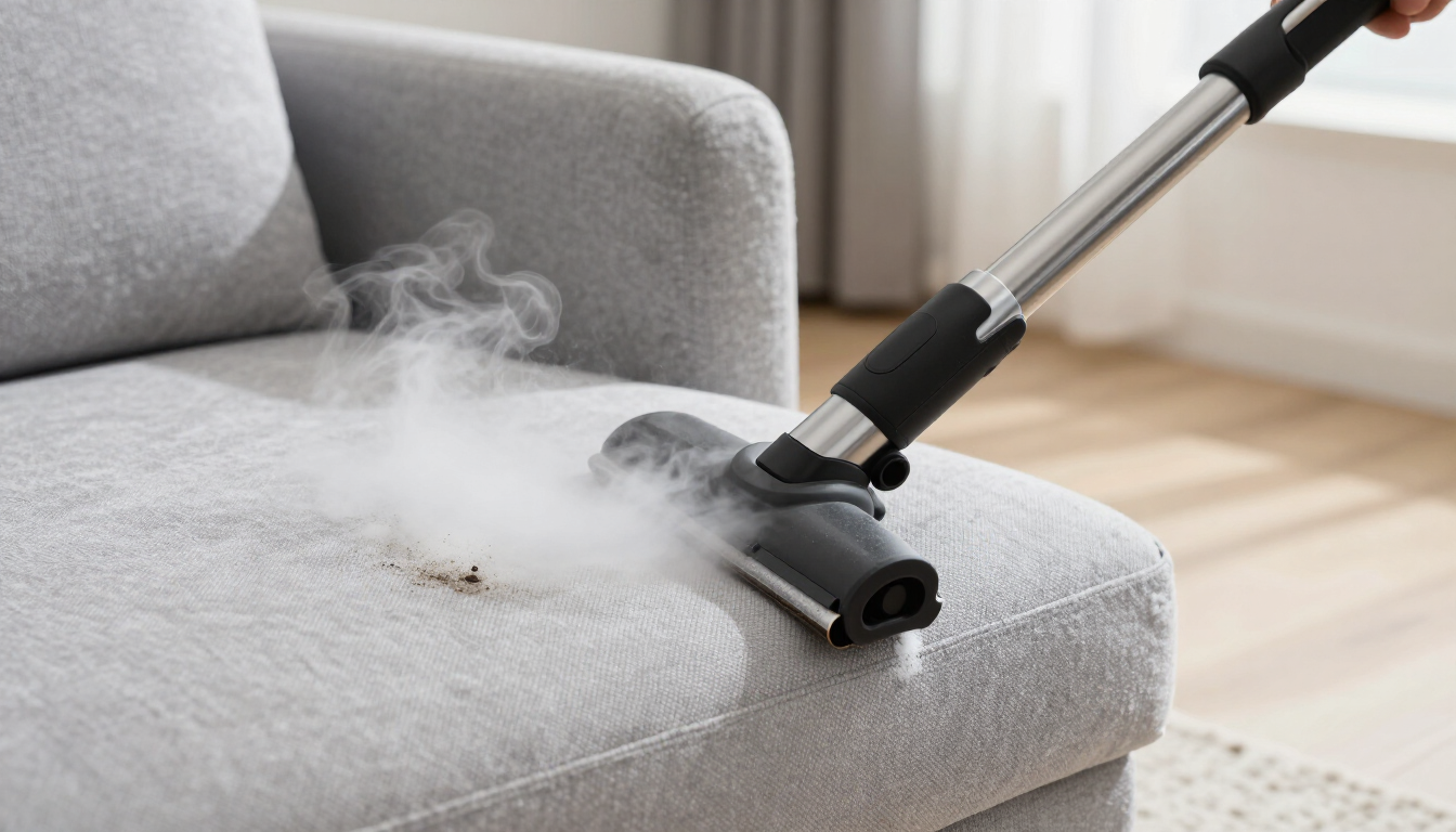 Técnico profesional limpiando tapicería con vapor