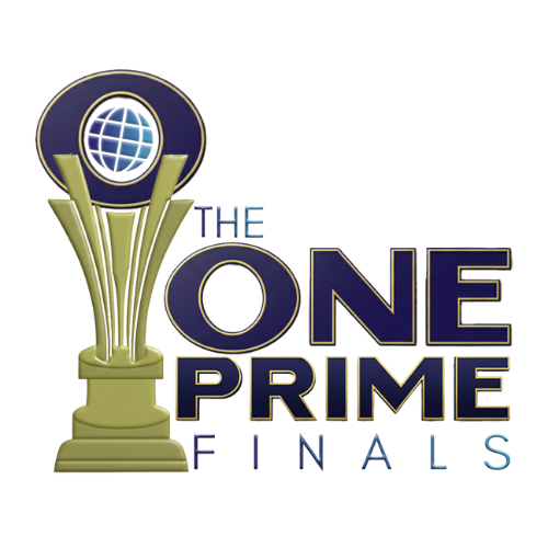 The One Prime Finals logo. A trophy with a globe emblem and blue and gold lettering on white.