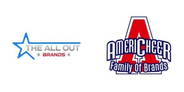 Logos for "The All Out Brands" and "AmeriCheer Family of Brands," featuring stars and red/blue color scheme.