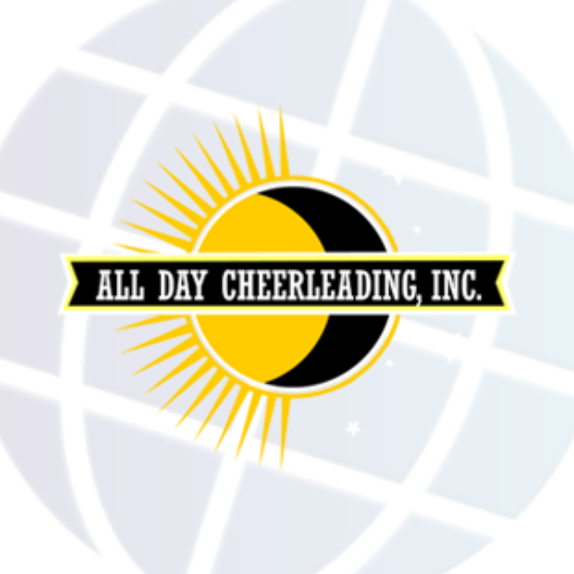 Logo for All Day Cheerleading, Inc. featuring a sun/moon design over a world map.