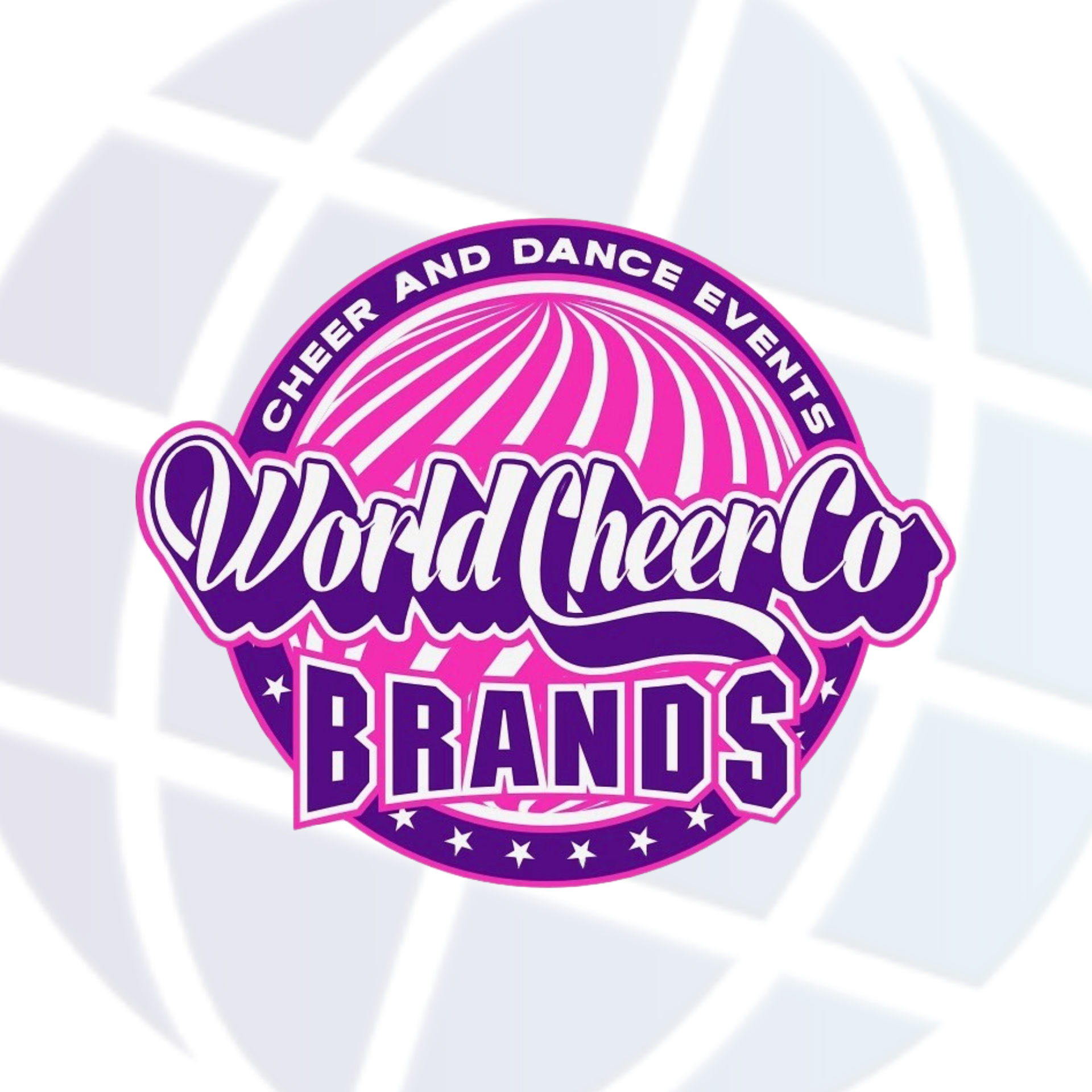 Logo for World Cheer Co Brands: purple text on pink and white radial background, 