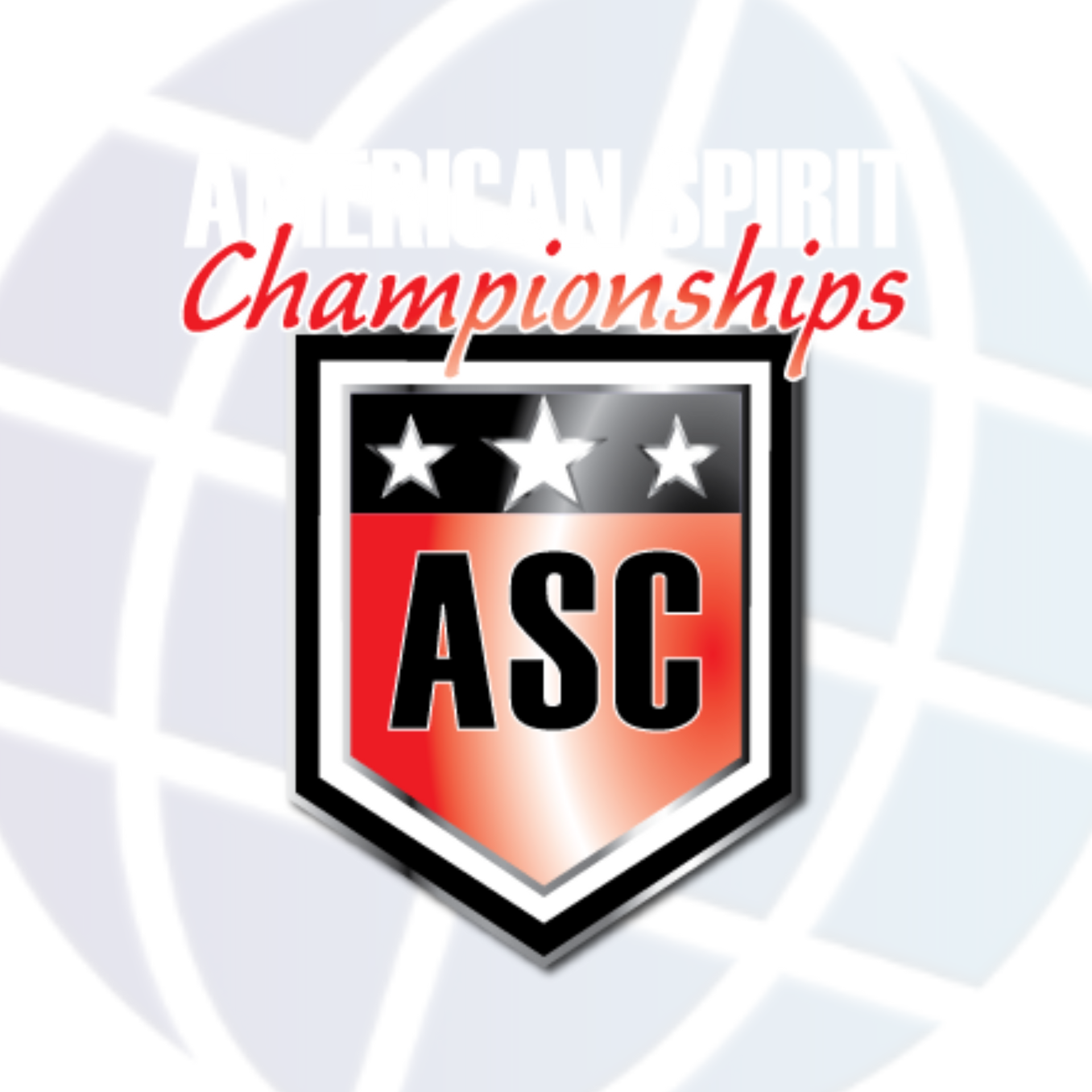 Logo for American Spirit Championships (ASC). Shield with stars, red and black gradient, and white letters 