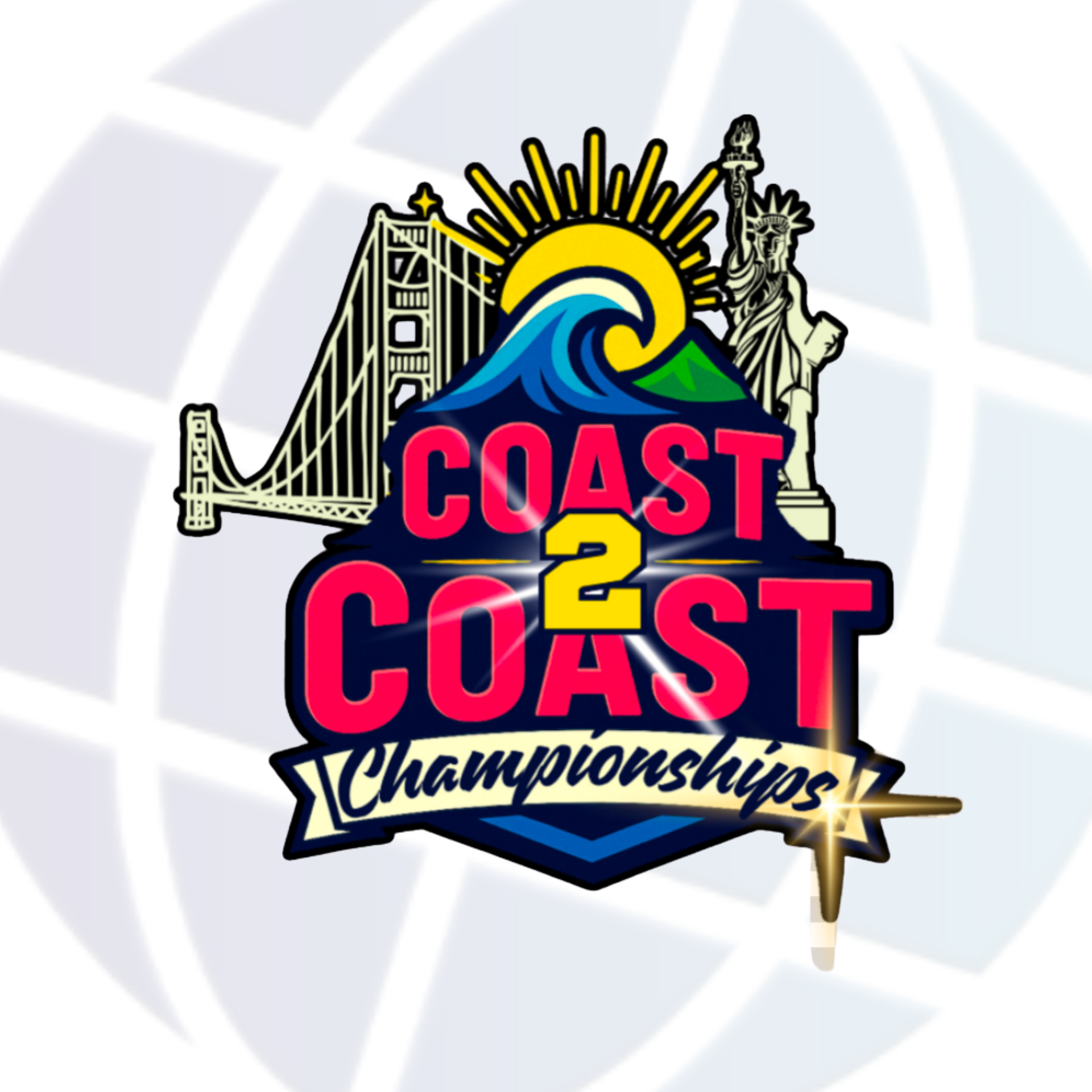 Coast 2 Coast Championships logo featuring Golden Gate Bridge, Statue of Liberty, sun, and ocean wave.