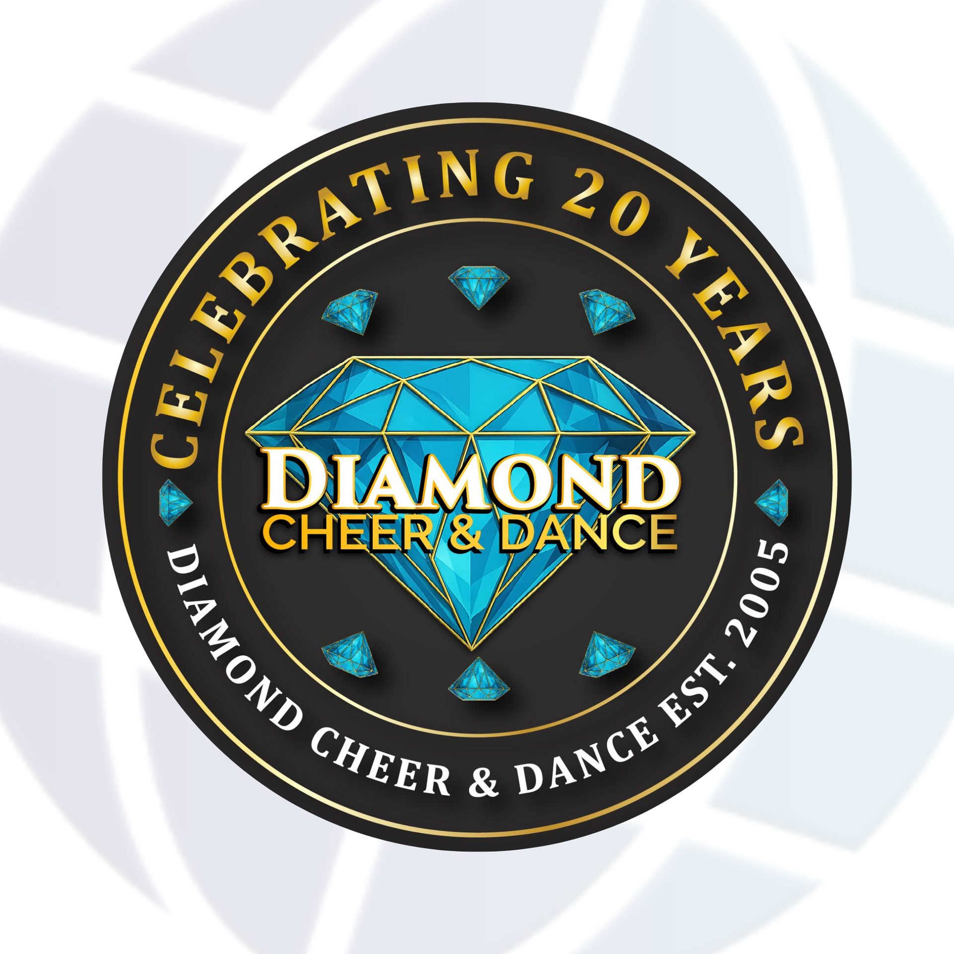 Circular logo for Diamond Cheer & Dance, celebrating 20 years. 