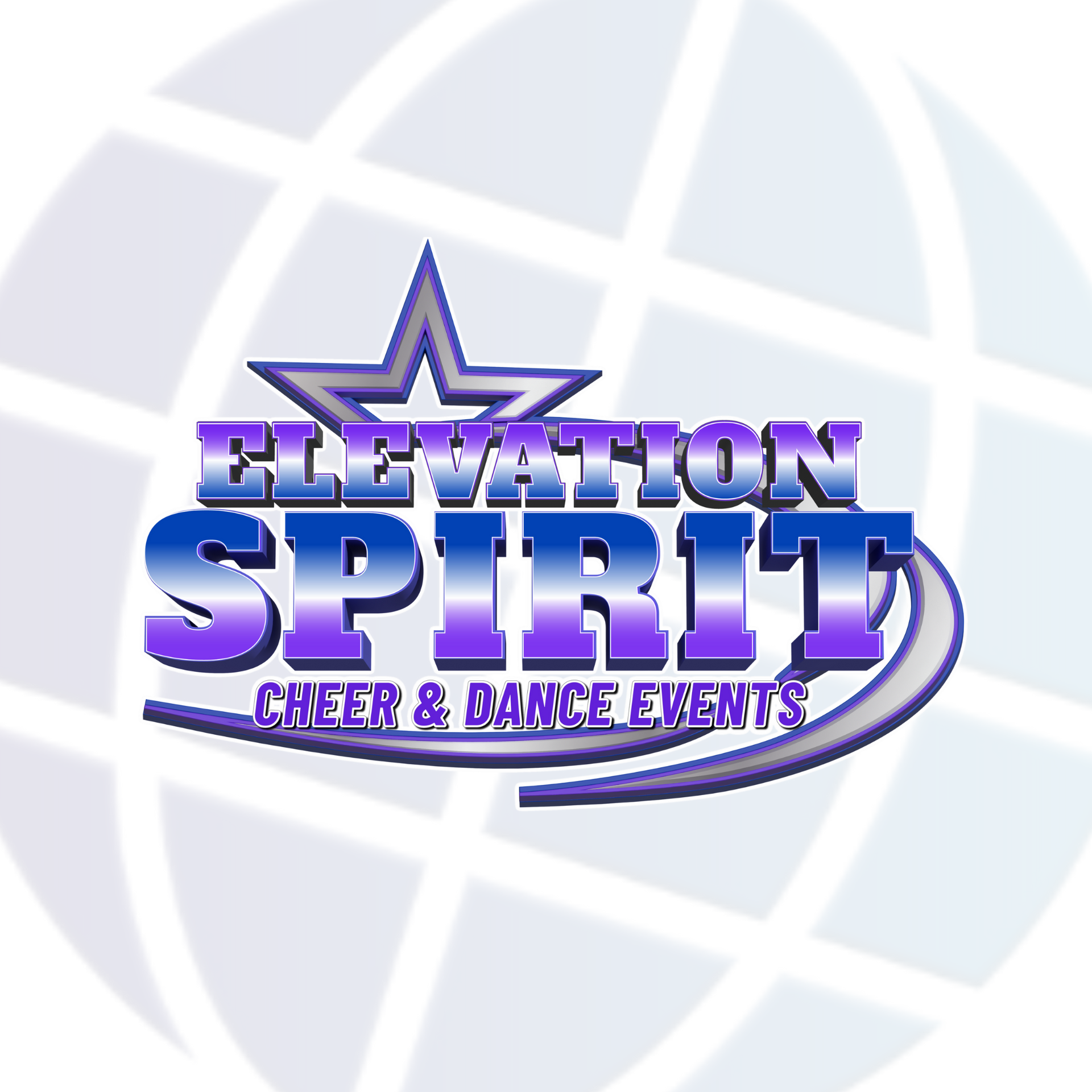 Elevation Spirit cheer and dance events logo with star, and blue and purple text on a globe backdrop.