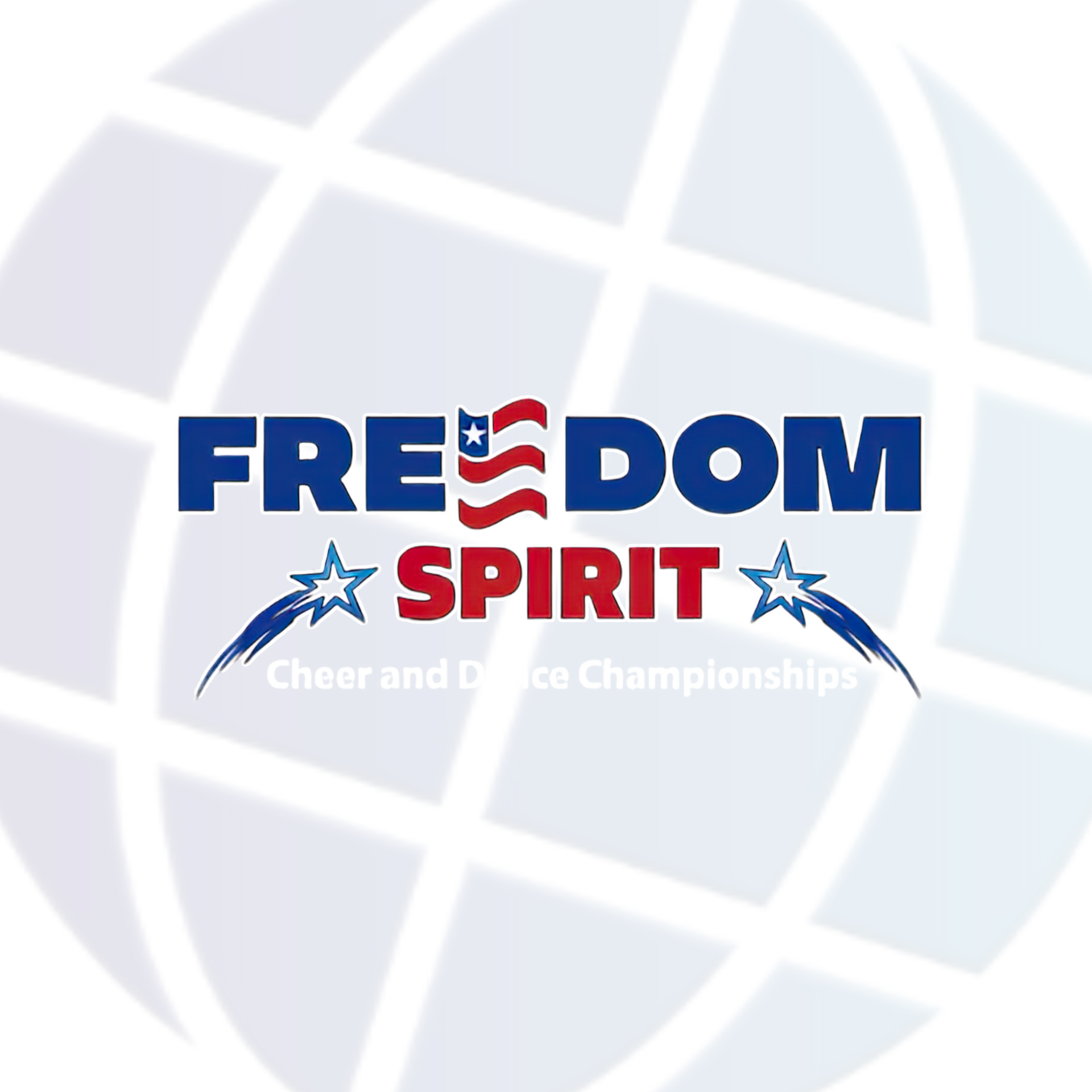 Logo for Freedom Spirit Cheer and Dance Championships. Blue, red, and white text on a white globe.