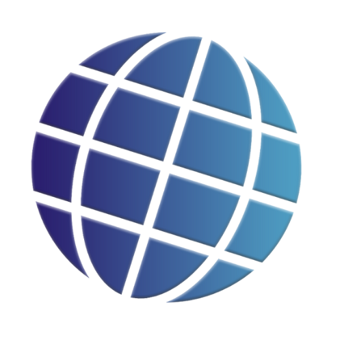 Blue globe with a grid pattern, representing global connectivity.