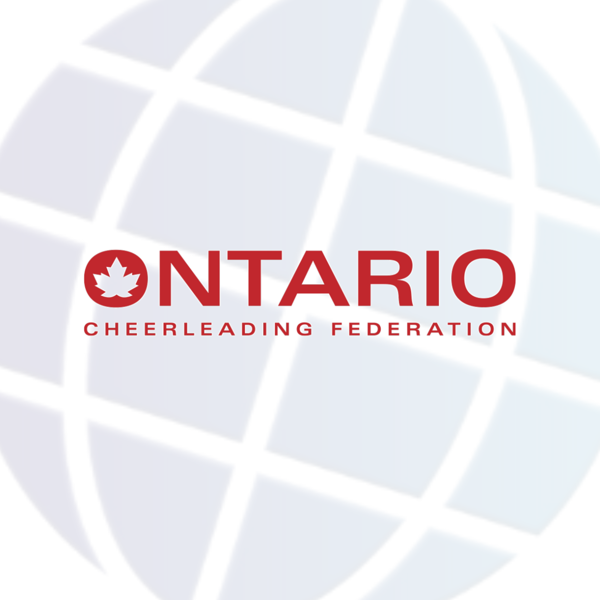 Ontario Cheerleading Federation logo with a red maple leaf, text on a globe graphic.