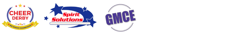 Logos for Cheer Derby, Spirit Solutions, and GMCE.