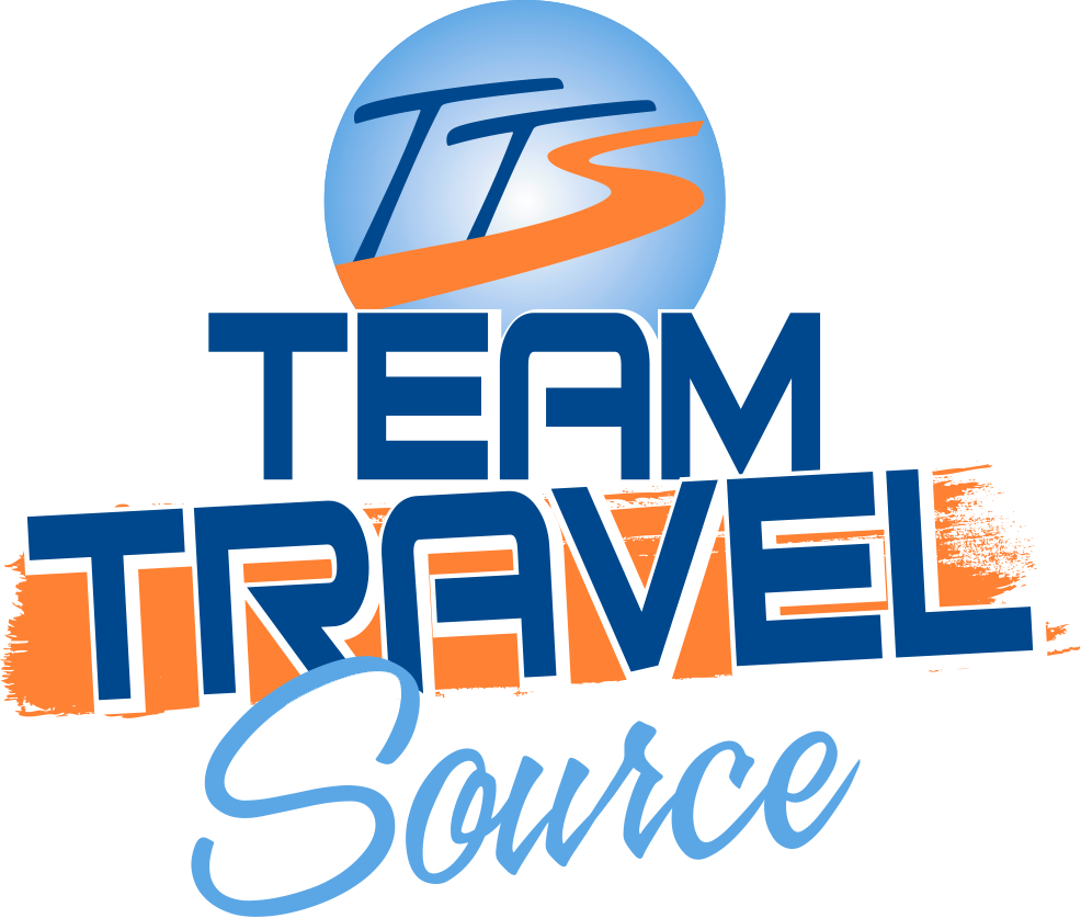 Logo for Team Travel Source, with blue and orange colors. Contains stylized 