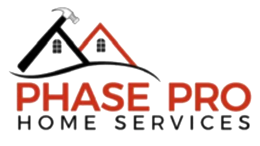 Logo of Phase Pro Home Services: two red-roofed houses and a hammer over text.