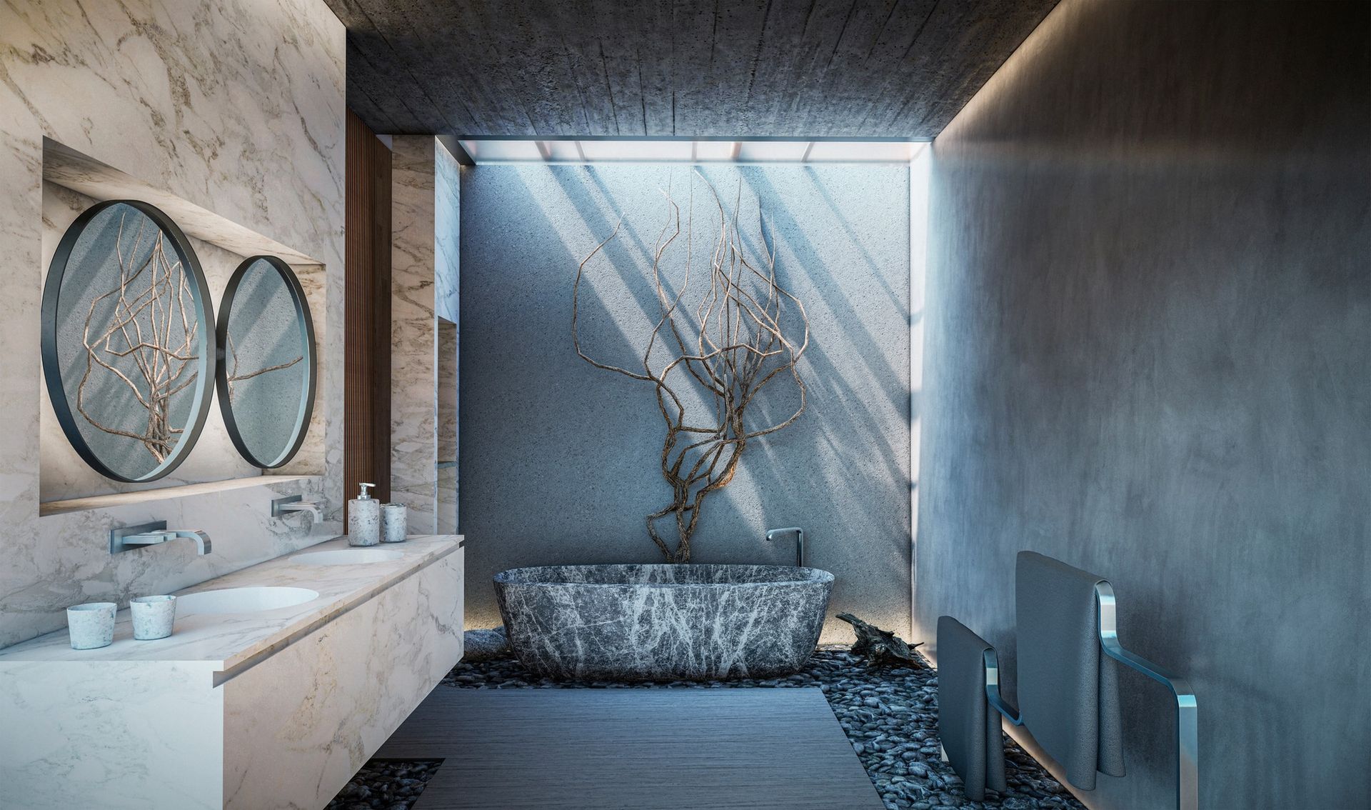 un bagno con due lavabi e una vasca in pietra