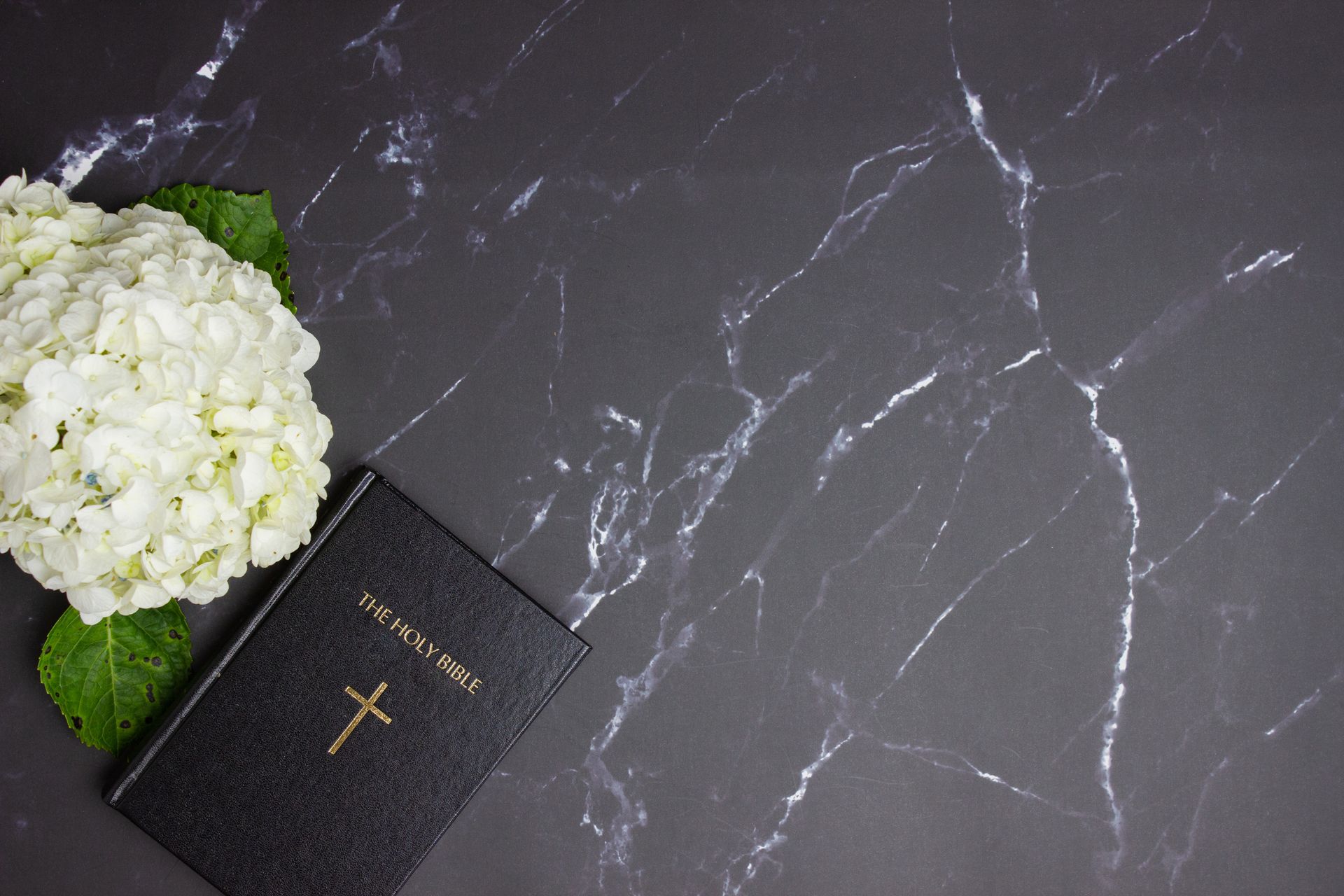 una bibbia nera con una croce d' oro è seduta accanto a un fiore bianco