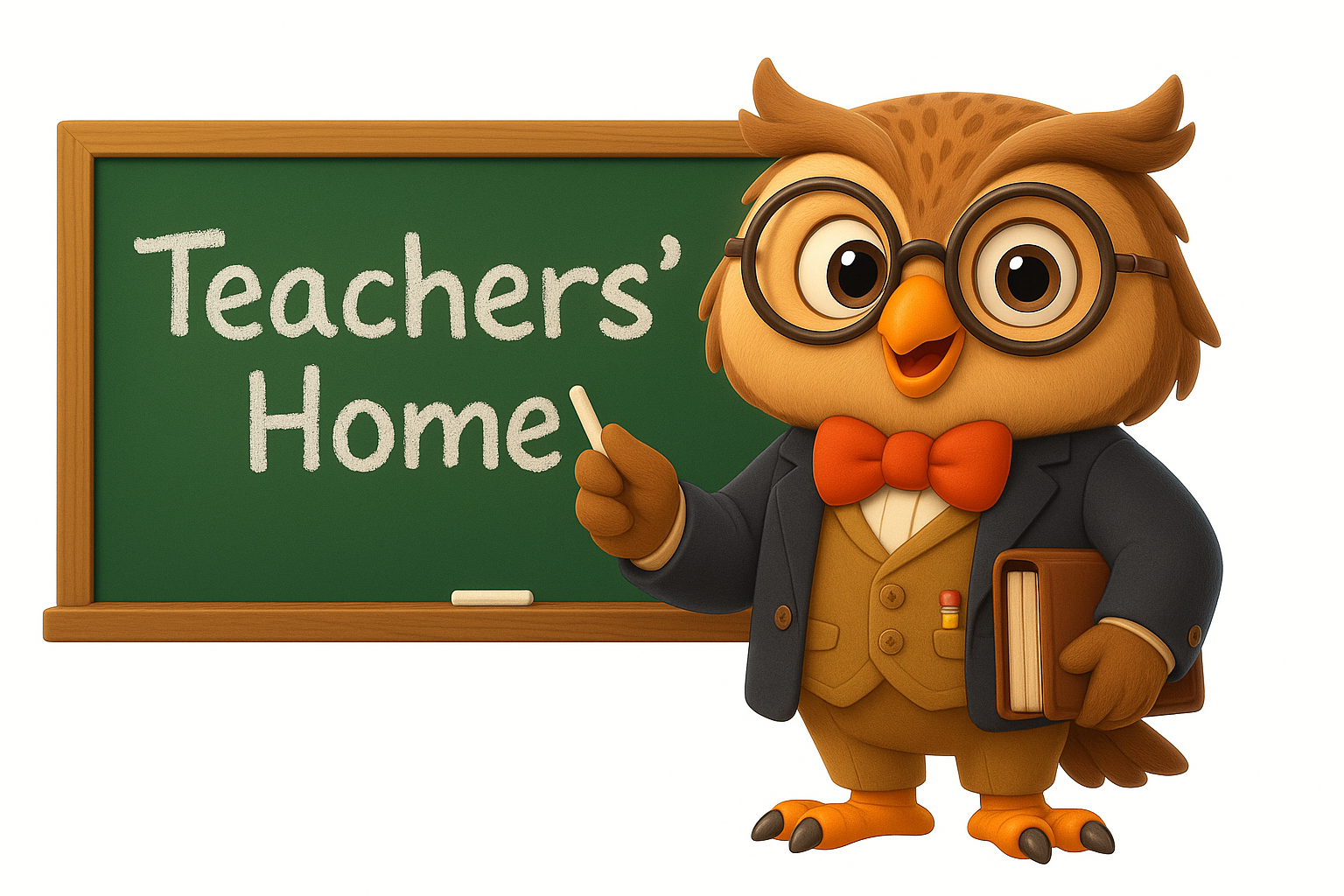 Cartoon owl with glasses and bow tie standing next to a chalkboard that says 