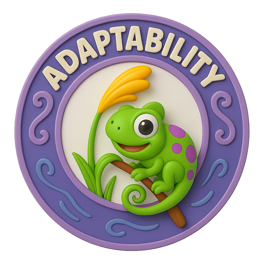 <p class="rteBlock">3D cartoon-style badge of a happy green chameleon with purple spots perched on a flower stem, with the word “Adaptability” above.</p>
