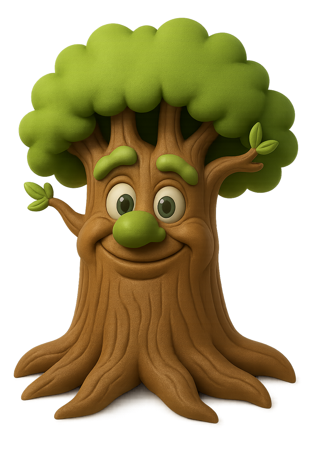 Illustration of Alderwise, a smiling ancient oak tree with mossy eyebrows, glowing leaves, and deep kind eyes.