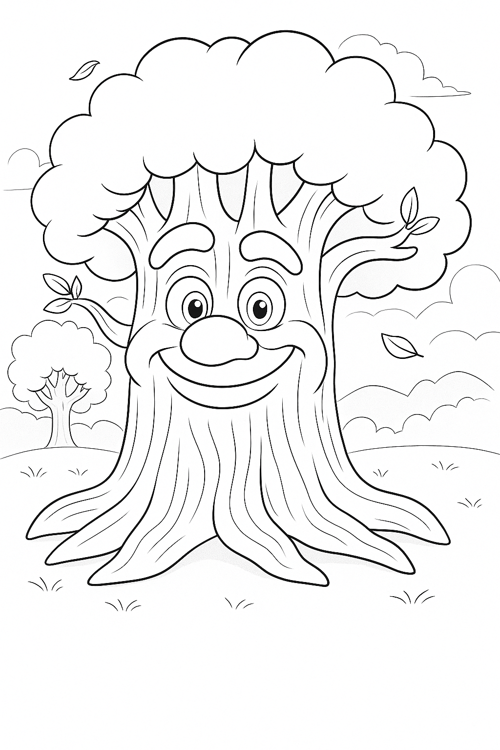 Alderwise the smiling tree stands in the Enchanted Forest with soft hills and leaves, ready to be coloured in