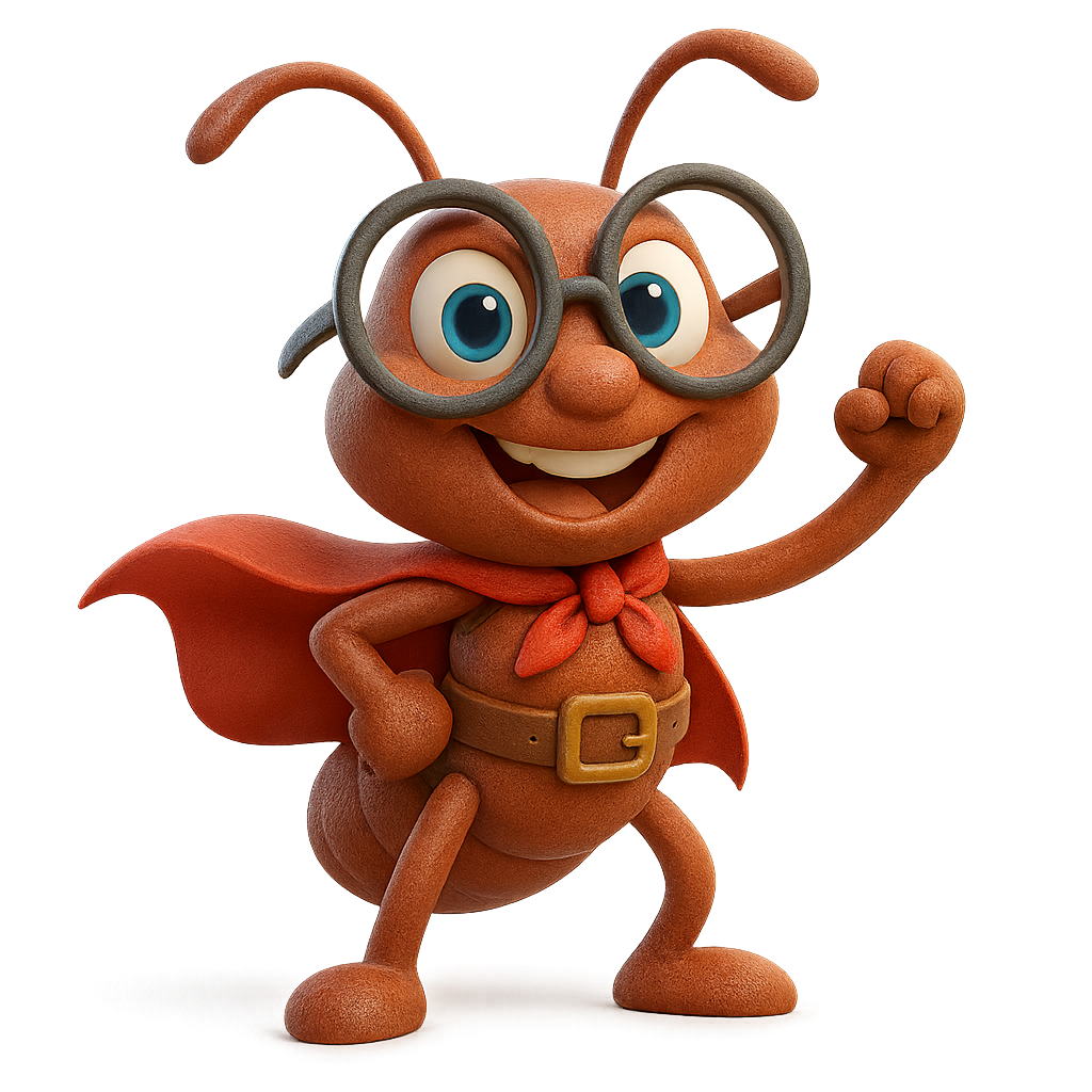 Illustration of Anthony the Ant, a tiny red ant with glasses, cape, and utility belt, striking a heroic pose with one fist raised.