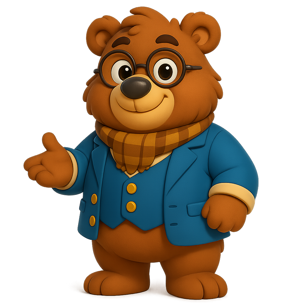 Barnaby the friendly bear with warm smile, symbol of politeness in kids’ stories.