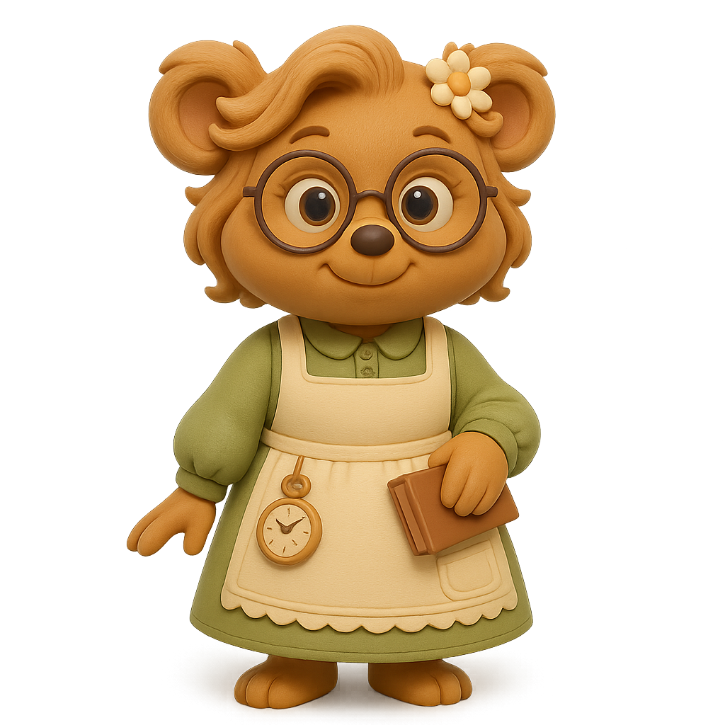 Illustration of Beatrice the Bear, wearing glasses, a green blouse, cream apron with pocket watch, and holding a notebook.